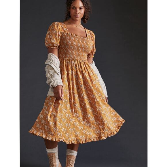 Anthropologie Mender Smocked Midi Dress Floral Ruffle Square Neck Puff Sleeve - Picture 1 of 16